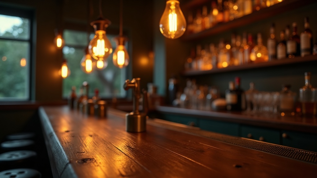 Warm tavern bar with dark wood, brass fixtures, and Edison bulb lighting